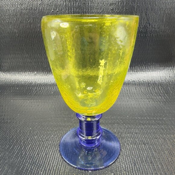 Cadmium UV Glowing Glass Goblets Cups Set 2 Yellow Top Blue Stem Textured Cups - Picture 10 of 16